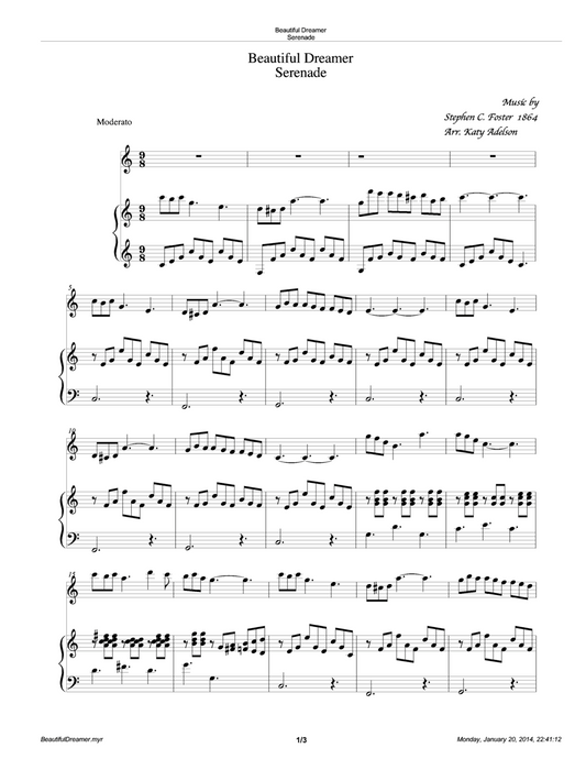 Beautiful Dreamer Violin and Piano/Lever Harp Accompaniment Sheet Music - Arranged by Katy Adelson