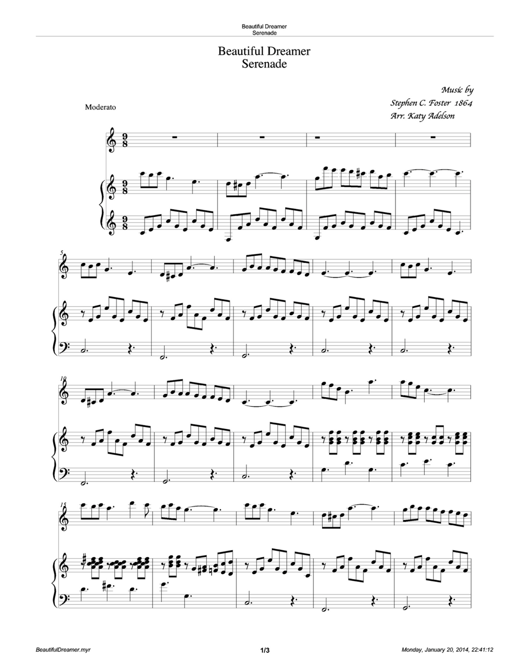 Beautiful Dreamer Violin and Piano/Lever Harp Accompaniment Sheet Music - Arranged by Katy Adelson