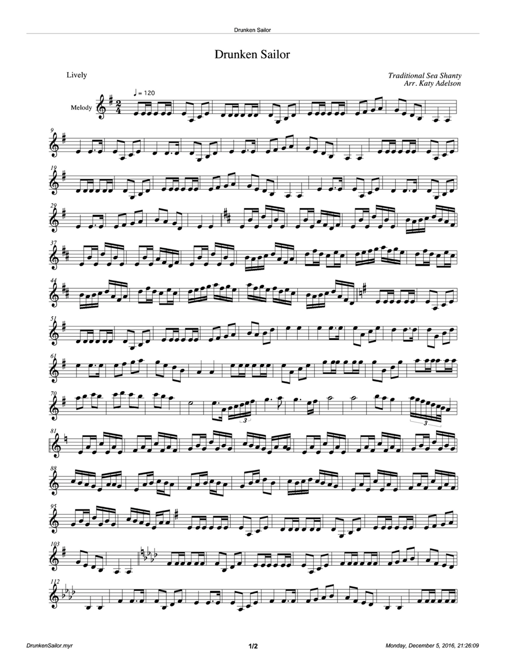 Drunken Sailor Violin Sheet Music - Arranged by Katy Adelson