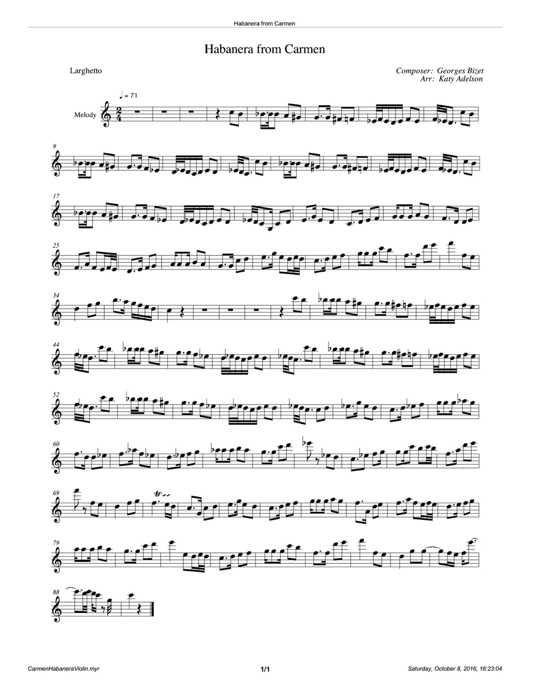 Habanera from Violin Sheet Music - Arranged Katy Adelson – Golden Aspen Music