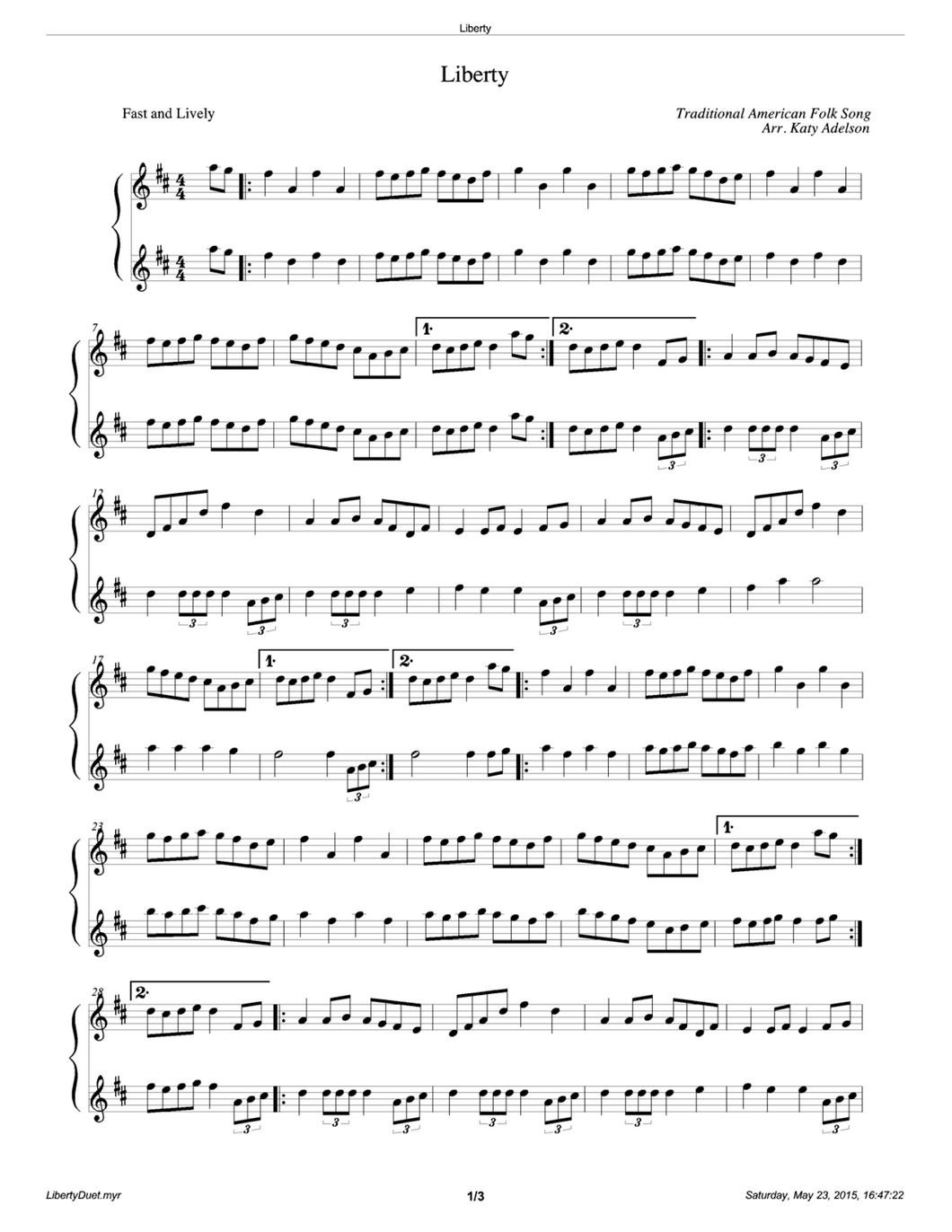 Liberty Violin Duet Sheet Music - Arranged by Katy Adelson