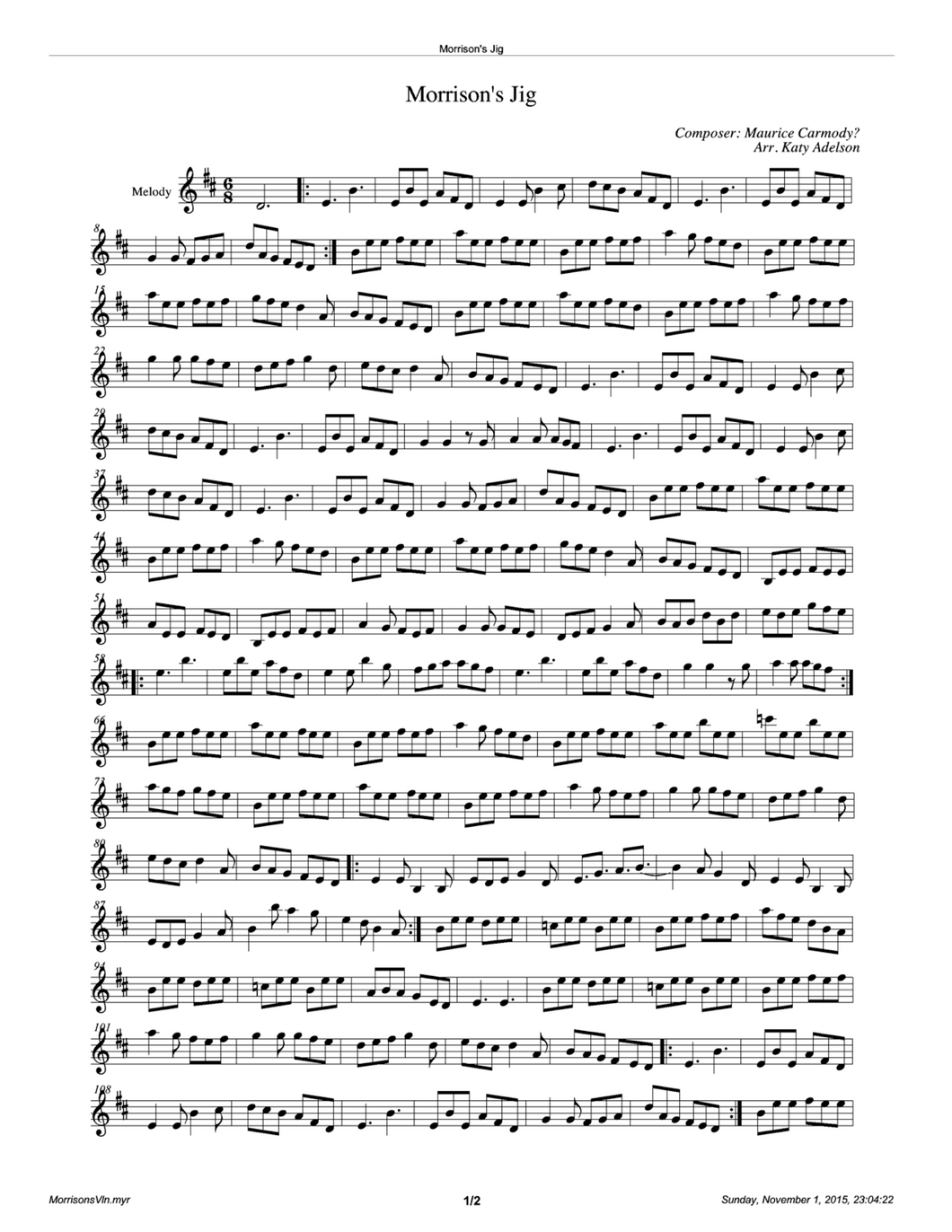 Morrison's Jig Violin Sheet Music - Arranged by Katy Adelson