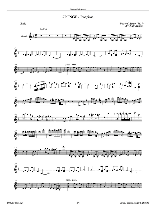 SPONGE (Ragtime) Violin Sheet Music - Arranged by Katy Adelson