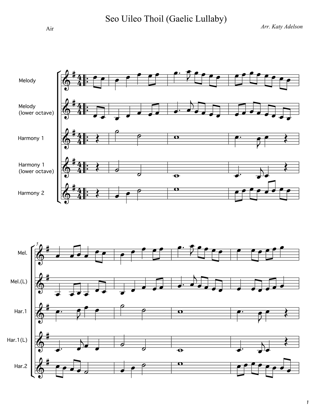 Seo Uileo Thoil (Gaelic Lullaby) - Duet, Trio, Quartet, Quintet (5 Parts) - Violin Sheet Music - Arranged by Katy Adelson