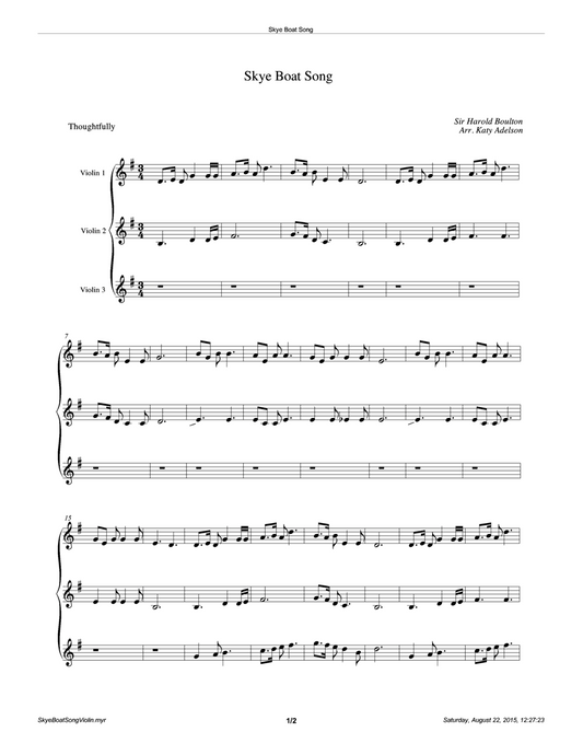 Skye Boat Song (Duet or Trio) Violin Sheet Music - Arranged by Katy Adelson