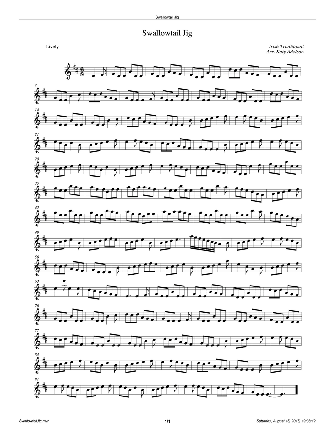 Swallowtail Jig Violin Sheet Music - Arranged by Katy Adelson