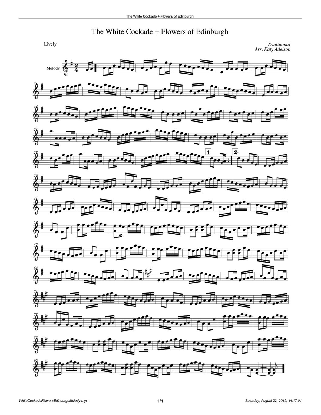White Cockade + Flowers of Edinburg  Violin Sheet Music - Arranged by Katy Adelson